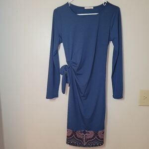 Le Lis Sheath Dress Blue Long Sleeve Side Tie Paisley Trim Pullover Medium